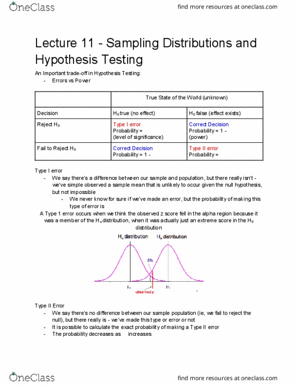 PSY 2106 Lecture Notes - Lecture 11: Statistical Significance, Type I And Type Ii Errors, Null Hypothesis thumbnail