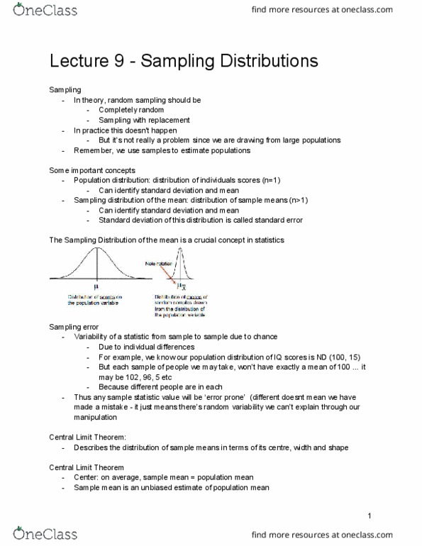 PSY 2106 Lecture Notes - Lecture 9: Central Limit Theorem, Sampling Distribution, Sampling Error thumbnail