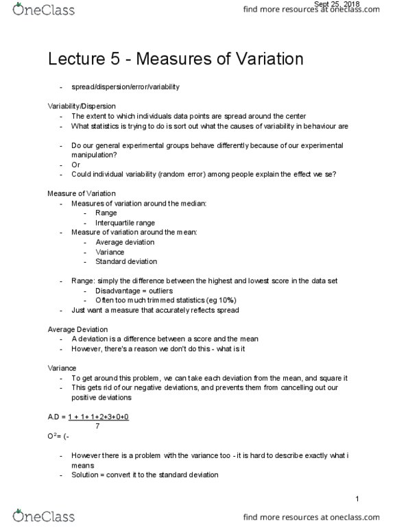 PSY 2106 Lecture Notes - Lecture 5: Interquartile Range, Standard Deviation, Observational Error thumbnail