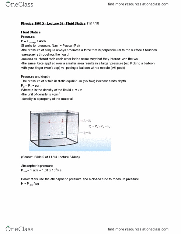 PHYS 1501Q Lecture Notes - Lecture 35: Atmospheric Pressure, International System Of Units, Statics cover image