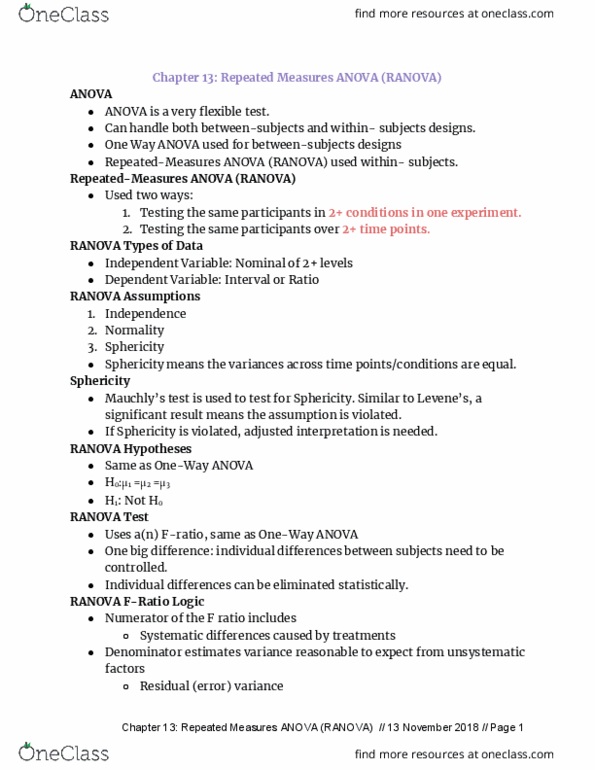 PSY 200 Lecture Notes - Lecture 13: Repeated Measures Design, Sphericity, Pedometer thumbnail