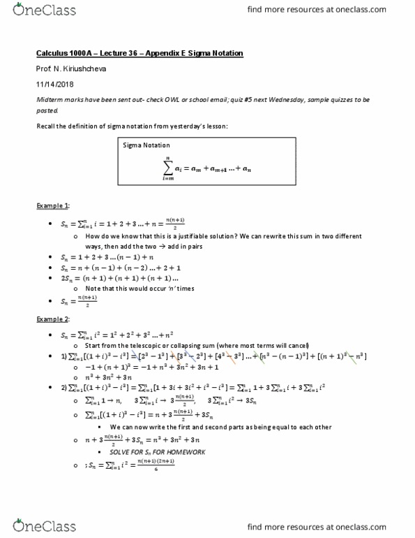 Calculus 1000A/B Lecture Notes - Lecture 36: Summation cover image