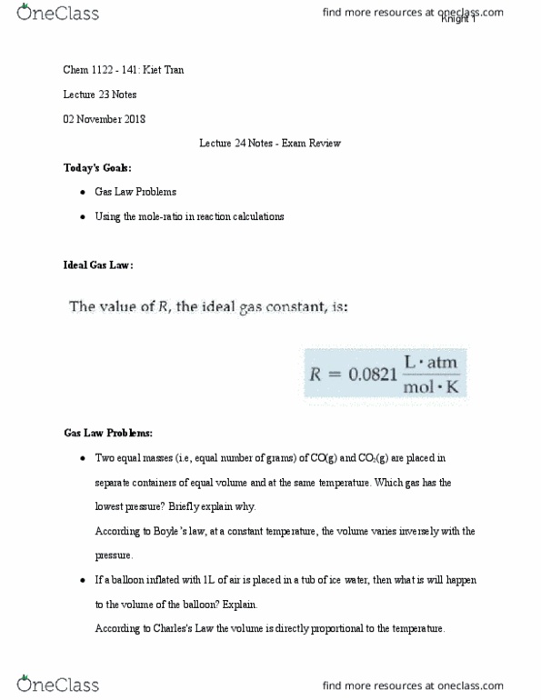 CHEM 1122 Lecture Notes - Lecture 24: Ideal Gas Law thumbnail