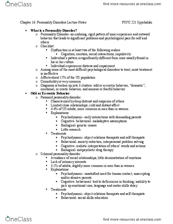 PSYC 221 Lecture Notes - Lecture 16: Schizoid Personality Disorder, Paranoid Personality Disorder, Personality Disorder thumbnail