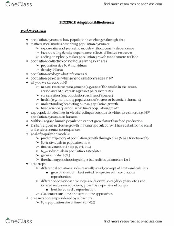 BIO120H1 Lecture Notes - Lecture 17: Little Brown Bat, Exponential Growth, Population Ecology thumbnail