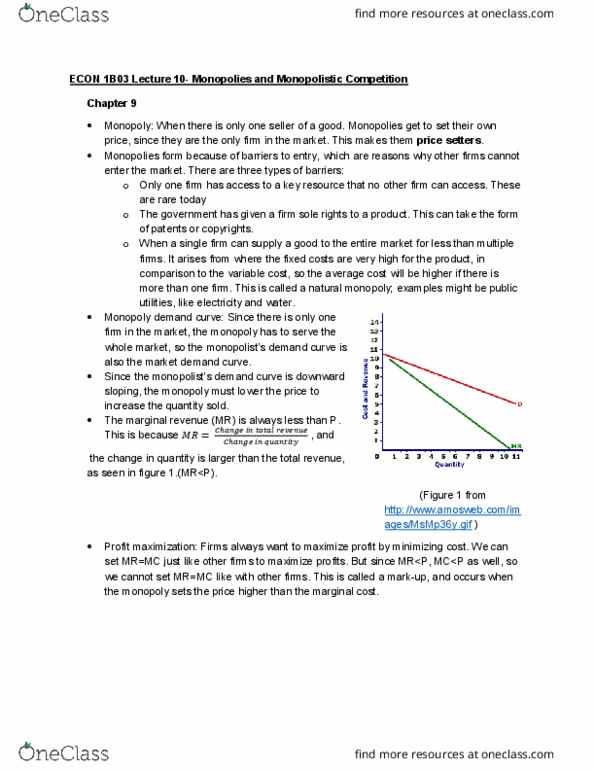 ECON 1B03 Lecture Notes - Lecture 10: Monopolistic Competition, Profit Maximization, Natural Monopoly thumbnail