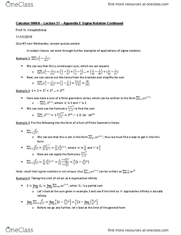 Calculus 1000A/B Lecture Notes - Lecture 37: Summation cover image