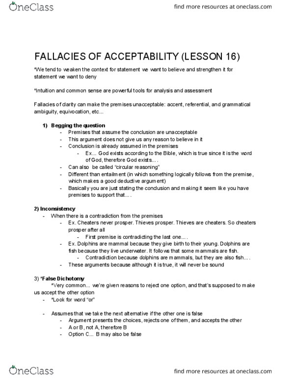 Philosophy 1200 Lecture Notes - Lecture 16: False Dilemma, Deductive Reasoning, Begging thumbnail
