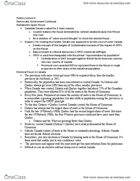 POL111H5 Lecture Notes - Lecture 9: Central Canada, Senate Of Canada, Liberal Democracy thumbnail