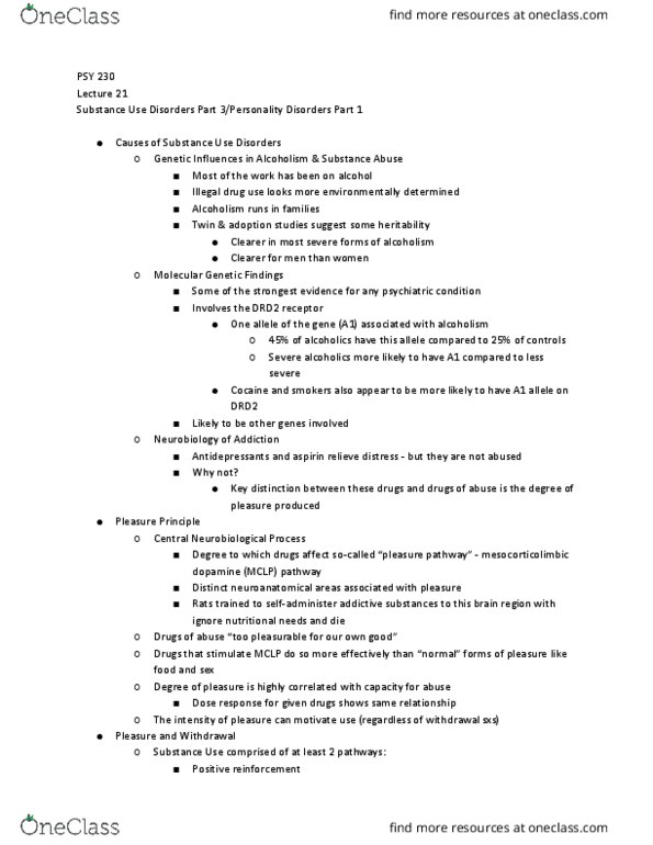 PSY 230 Lecture Notes - Lecture 21: Dopamine Receptor D2, Aspirin, Alcoholism thumbnail