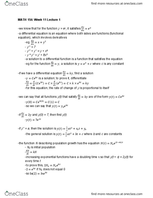 MATH 154 Lecture Notes - Lecture 31: Exponential Decay, Doubling Time cover image