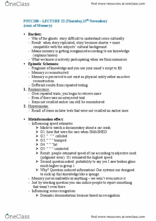 PSYC 100 Lecture Notes - Lecture 22: Episodic Memory, Hindsight Bias, Posttraumatic Stress Disorder thumbnail