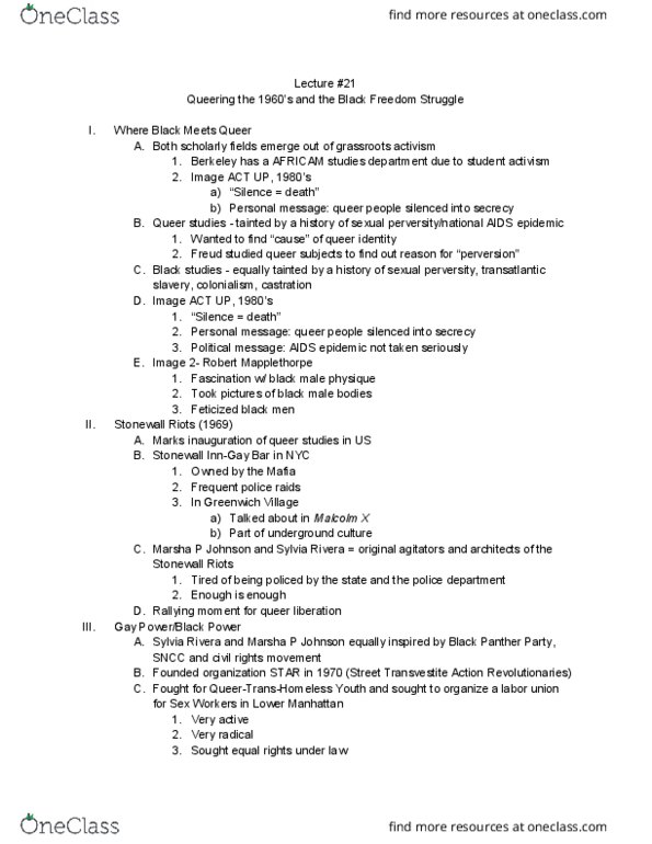 AFRICAM 27AC Lecture Notes - Lecture 21: Street Transvestite Action Revolutionaries, Sylvia Rivera, Stonewall Riots thumbnail