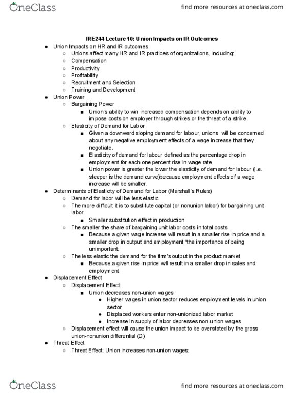 IRE244H1 Lecture Notes - Lecture 10: Nonunion, Bargaining Unit, Demand Curve thumbnail