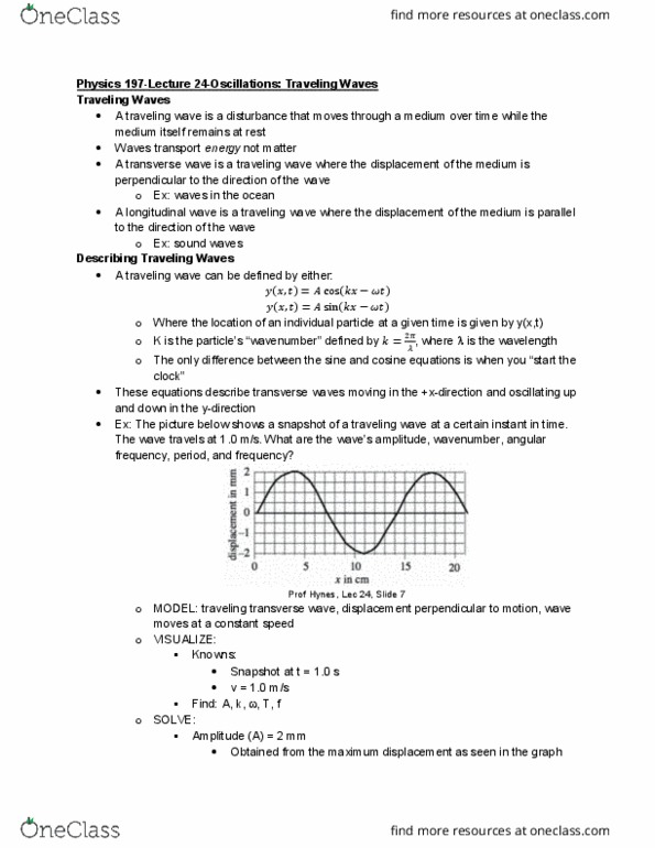 Physics 197 Lecture Notes - Lecture 24: Transverse Wave, Longitudinal Wave, Angular Frequency cover image