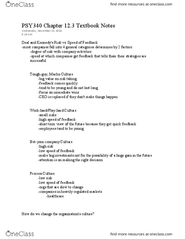 PSY 340 Chapter Notes - Chapter 12.3: Organizational Culture, Hawthorne Effect, Scientific Management thumbnail