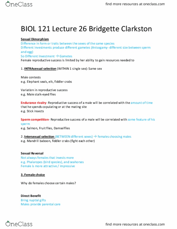 BIOL 121 Lecture Notes - Lecture 31: Sperm Competition, Anisogamy, Handicap Principle cover image
