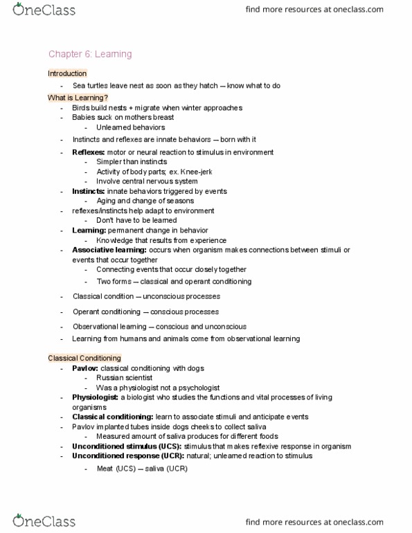 PSYC 1100 Chapter Notes - Chapter 6: Classical Conditioning, Observational Learning, Learning thumbnail