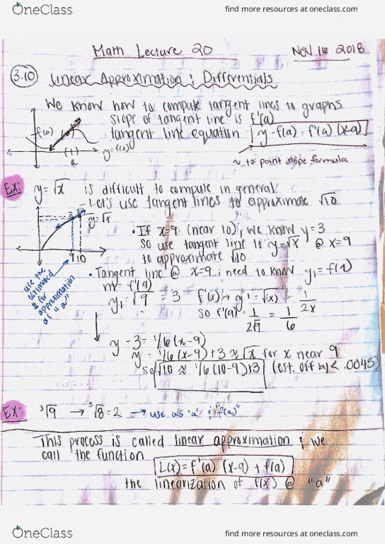 MATH 2A Lecture 22: 44080-Math 2A Lecture 22 Notes-Linear Approximation and Differentials cover image