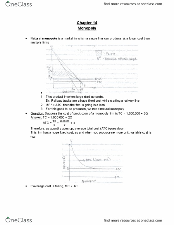 ECO100Y5 Lecture Notes - Lecture 11: Natural Monopoly, Fixed Cost, Variable Cost cover image