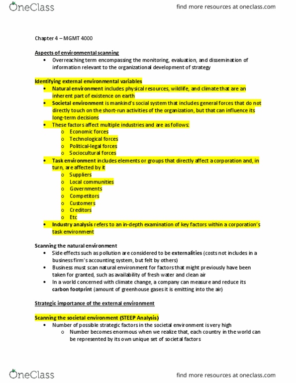 MGMT 4000 Chapter Notes - Chapter 4: Carbon Footprint, Competitor Analysis, Natural Environment thumbnail