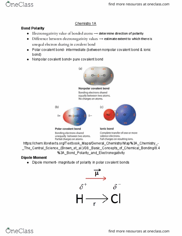 CHEM 1A Lecture Notes - Lecture 22: Bond Dipole Moment, Ionic Bonding, Electronegativity cover image