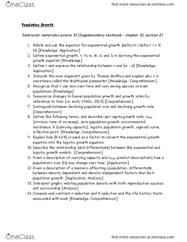 BIOL 1001 Lecture Notes - Lecture 13: Malthusian Growth Model, Logistic Function, Exponential Growth thumbnail