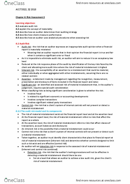 ACCT3322 Chapter Notes - Chapter 4: Audit Risk, Control Risks, Internal Control thumbnail