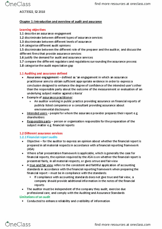 ACCT3322 Chapter Notes - Chapter 1: Audit Evidence, Financial Statement, The Australia Institute thumbnail