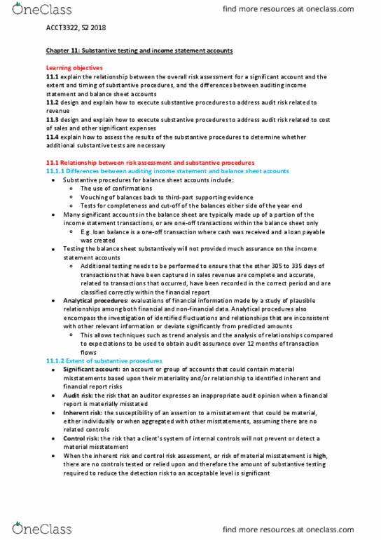 ACCT3322 Chapter Notes - Chapter 11: Audit Risk, Audit Evidence, Income Statement thumbnail