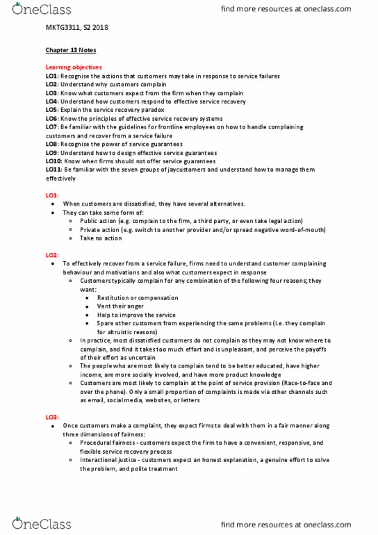 MKTG3311 Chapter Notes - Chapter 13: Service Recovery, Customer Switching, Interactional Justice thumbnail