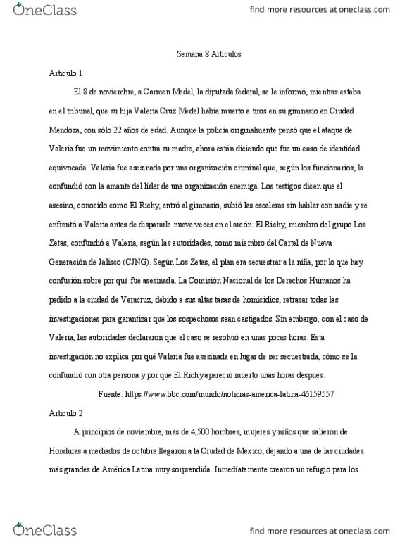 SPAN 305 Chapter Notes - Chapter Articulo: Los Zetas, Los Testigos, Asesino thumbnail