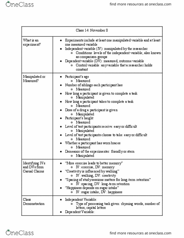 PSY 301 Lecture Notes - Lecture 14: Dependent And Independent Variables, Control Variable, Random Assignment thumbnail