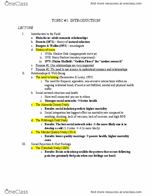 PSC 51 Lecture Notes - Lecture 1: Elaine Hatfield, Harry Harlow, Social Integration thumbnail