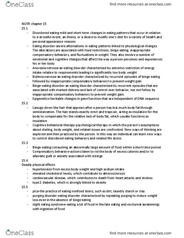 NUTR 30300 Chapter Notes - Chapter 15: Binge Eating Disorder, Bulimia Nervosa, Binge Eating thumbnail