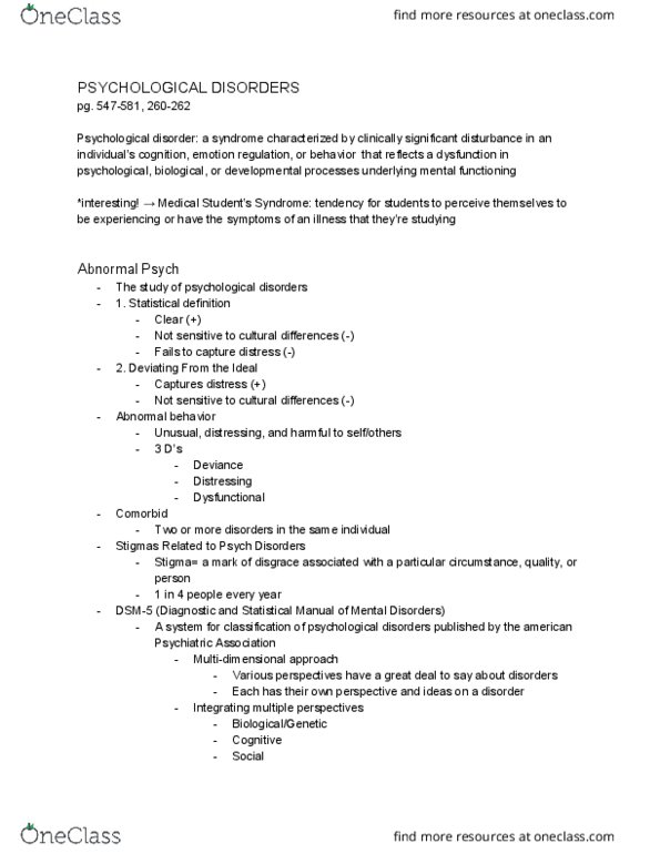 PSYCH 1100 Lecture Notes - Lecture 38: American Psychiatric Association, Dsm-5, Distressing cover image