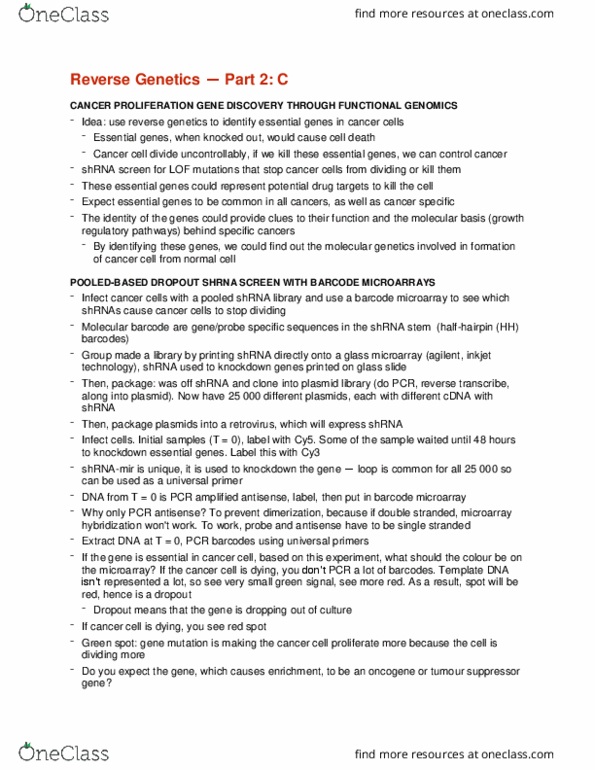 CMMB 461 Lecture Notes - Lecture 19: Tumor Suppressor Gene, Short Hairpin Rna, Reverse Genetics thumbnail