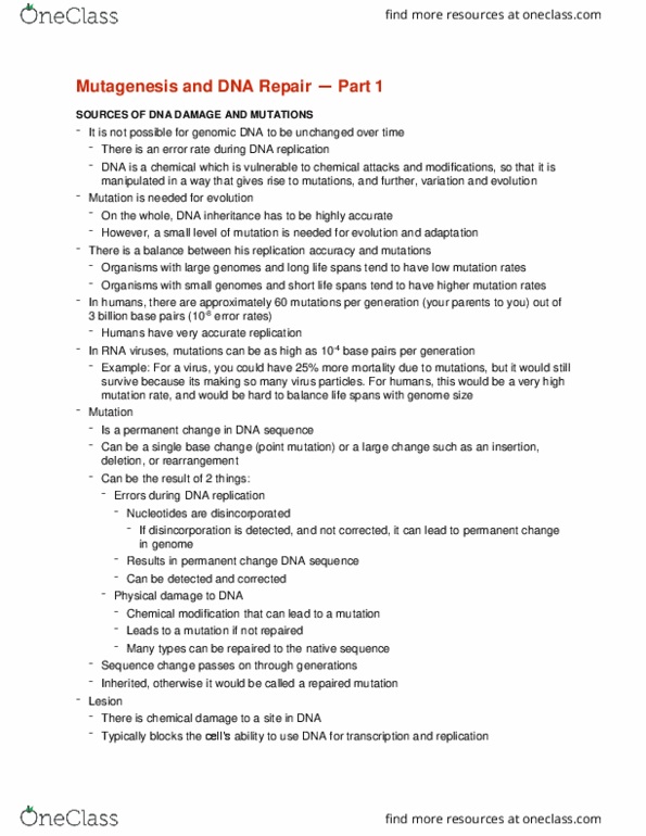 CMMB 411 Lecture Notes - Lecture 22: Dna Replication, Mutation Rate, Genome Size thumbnail