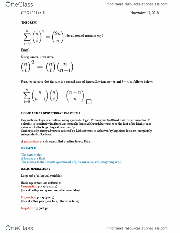 CISC 102 Lecture Notes - Lecture 31: Proposition, Propositional Calculus, Complex Instruction Set Computing cover image