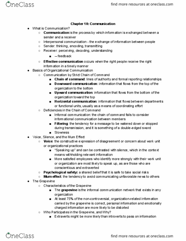 IRE260H1 Chapter Notes - Chapter 10: Work Unit, Psychological Safety, Organizational Communication thumbnail