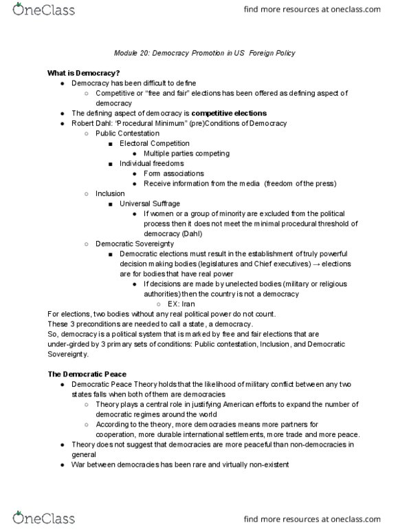 GOV 312L Lecture Notes - Lecture 20: Democratic Peace Theory, Robert A. Dahl, Democracy Promotion thumbnail