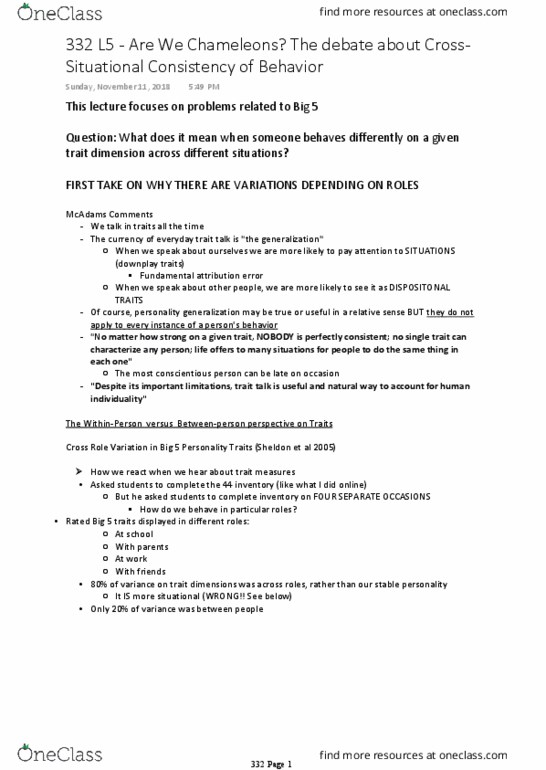 PSYC 332 Lecture 5: Are We Chameleons The debate about Cross-Situational Consistency of Behavior thumbnail