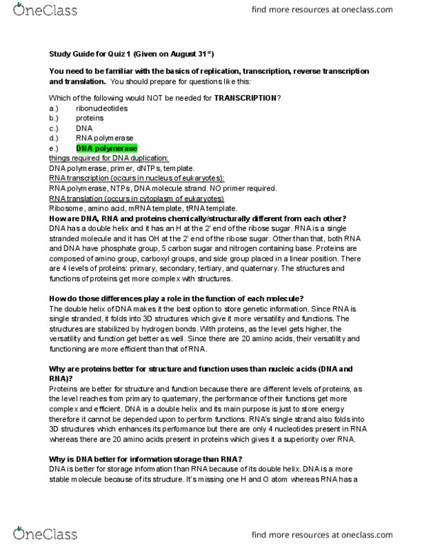 BIOL 309 Lecture Notes - Lecture 1: The Double Helix, Reverse Transcriptase, Amine thumbnail