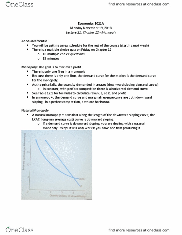 Economics 1021A/B Lecture Notes - Lecture 21: Deadweight Loss, Natural Monopoly, Demand Curve cover image