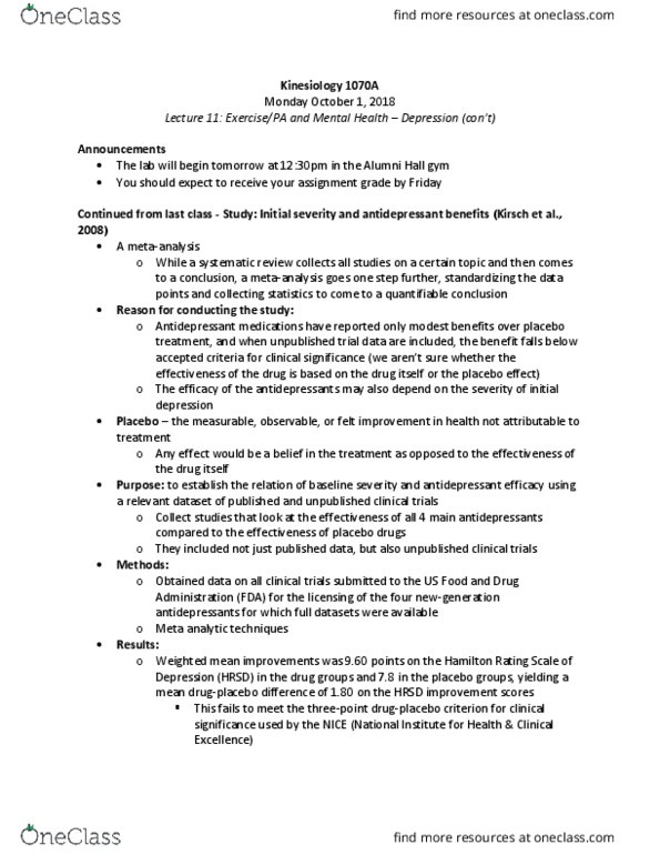 Kinesiology 1070A/B Lecture Notes - Lecture 11: Meta-Analysis, Systematic Review, Statistical Significance thumbnail