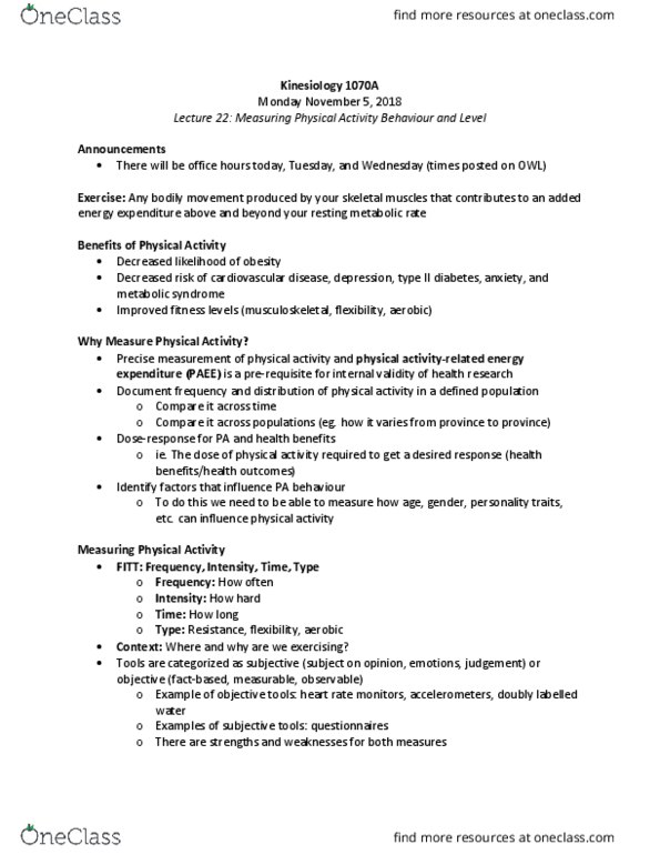 Kinesiology 1070A/B Lecture Notes - Lecture 22: Doubly Labeled Water, Resting Metabolic Rate, Cardiovascular Disease thumbnail