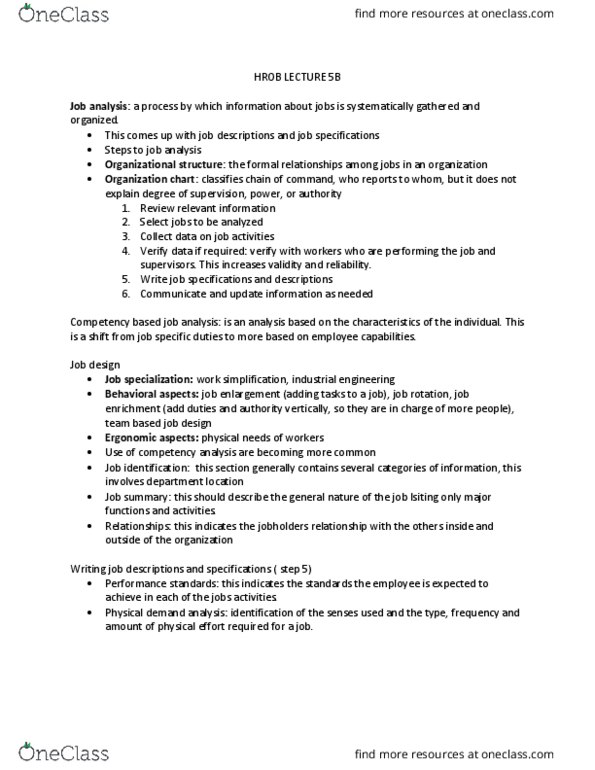 HROB 2100 Lecture Notes - Lecture 5: Job Enrichment, Job Analysis, Job Design thumbnail