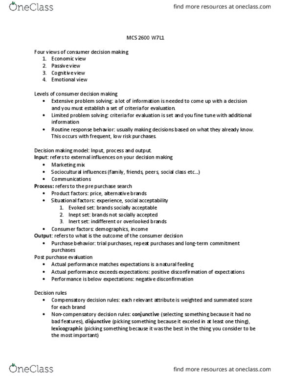 MCS 2600 Lecture Notes - Lecture 7: Marketing Mix, Decision-Making, Observability thumbnail