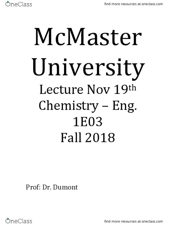 CHEM 1E03 Lecture Notes - Lecture 33: Nernst Equation, Gibbs Free Energy, Reduction Potential cover image