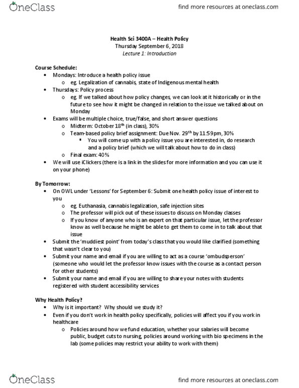 Health Sciences 3400A/B Lecture Notes - Lecture 1: Ombudsman, Health Canada, Cardiovascular Disease thumbnail